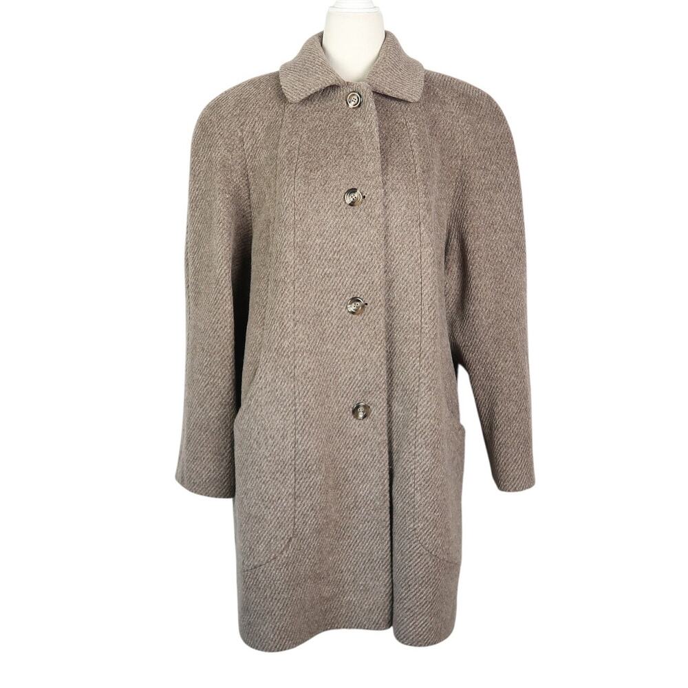 Vintage 80s Alorna Taupe Brown Herringbone Wool Mid Length Coat L
